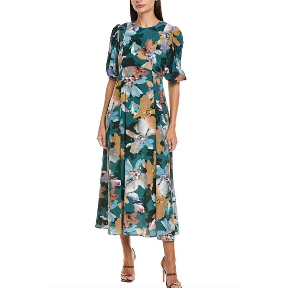 Tyler Boe Dresses & Skirts - Tyler Böe Frankie 100% Silk Midi Dress | Sz 0, Green Watercolor Floral NEW! $344